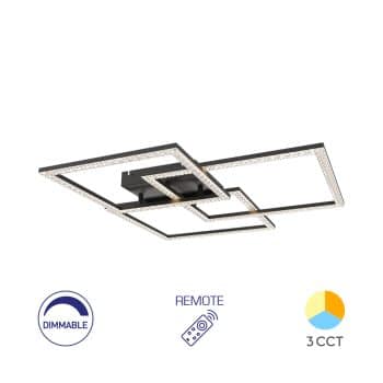Plafonjera BRY-CRYSTAL-B-80W-3IN1-Crna dimabilna sa daljinskim upravljačem cct 3u1 prekidačem. Aluminijski okvir sa 3 kocke na kojima su kristali