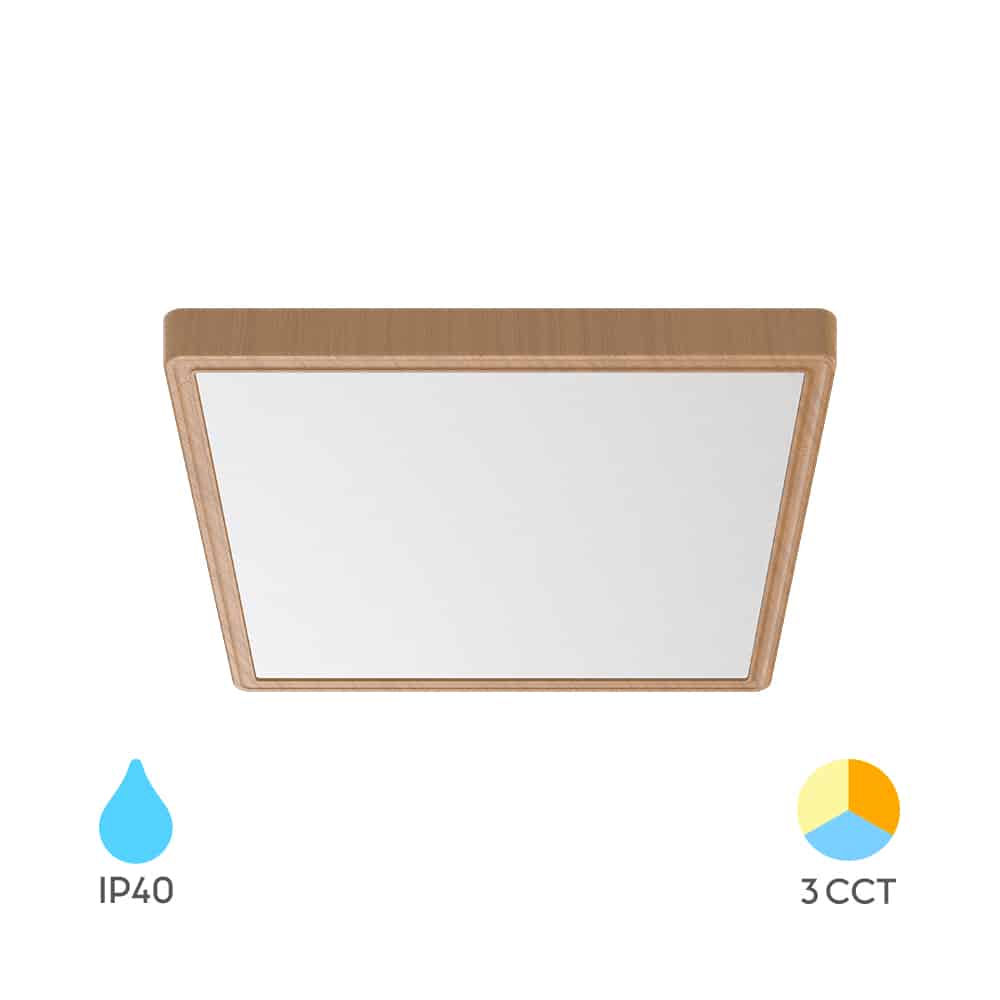 BP07-10387_1 Plafonjera BRY-JADE-SLR-WDN-SQR-26W-3IN1-Boja drveta prikaz oblika plafonjere za bijelim difuzom i ramom u boji drveta za 3u1 opcijom izbora svjetlosti i IP 40 zaštitom