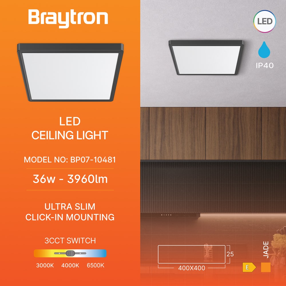 BP07-10481_3 led plafonjera BRY-JADE-SLR-BLC-SQR-36W-3IN1-CEILING LIGHT prikaz tehničkih karakteristika poput dimenzije 400x400 mm i debljine 25 mm sa opcijom izbora boje svjetlosti od 3000 K 4000 K i 6500 K