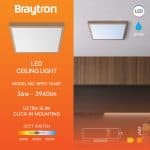 Plafonjera BRY-JADE-SLR-WDN-SQR-36W-3IN1-CEILING LIGHT slika sa tehničkim karakteristikama plafonjere. Prikazane su dimenzije plafonjere, snaga, količina lumena koju emitira i opcija gumba za izbor boje svjetlosti.