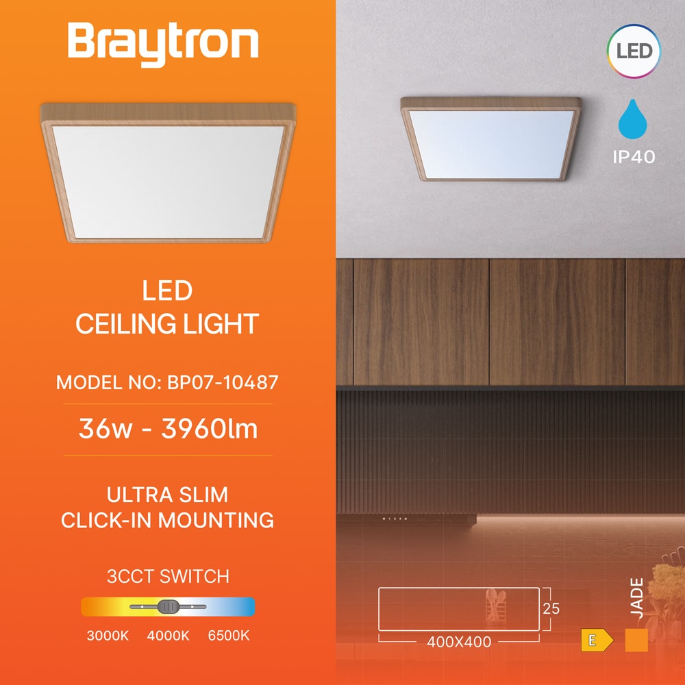 BP07-10487_3 Plafonjera BRY-JADE-SLR-WDN-SQR-36W-3IN1-CEILING LIGHT slika sa tehničkim karakteristikama plafonjere. Prikazane su dimenzije plafonjere, snaga, količina lumena koju emitira i opcija gumba za izbor boje svjetlosti.